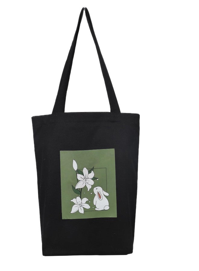 JUTEKA Canvas Tote Bag with Zip, College Bag for Girls, 100% Organic Cotton Tote Bag for Shopping, Travel & Beach bags for Women (Rabbit - Black) - Image 1